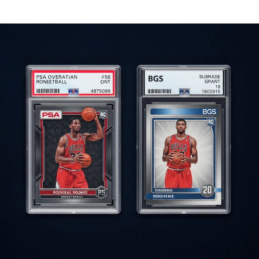 Side-by-side comparison of PSA and BGS graded sports card slabs showing label differences